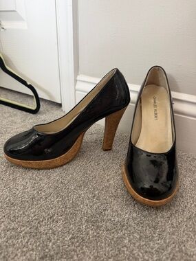 Charles Albert Black Patent Cork Platform Pumps
